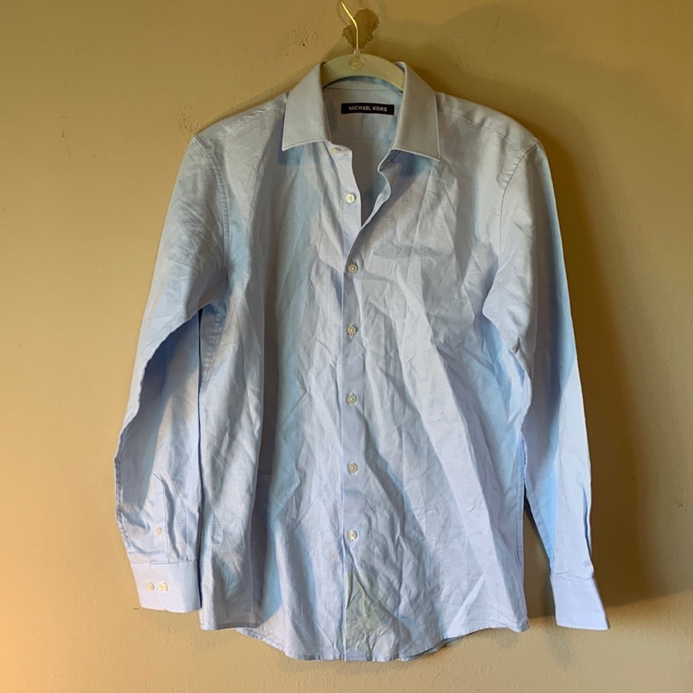 Michael Kors 100% Cotton Light Blue Stripe 16R Button Down Long Sleeve Shirt NEW